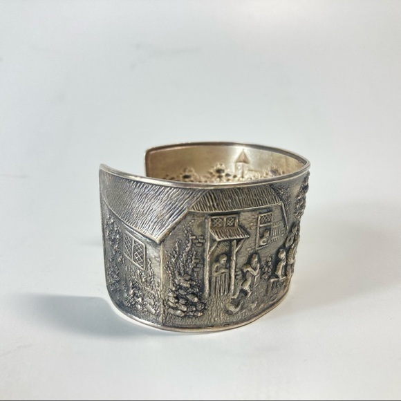 Antique Vintage Hans Jensen Silver Plate Repousse Cuff Bracelet Denmark Scene - Picture 2 of 6